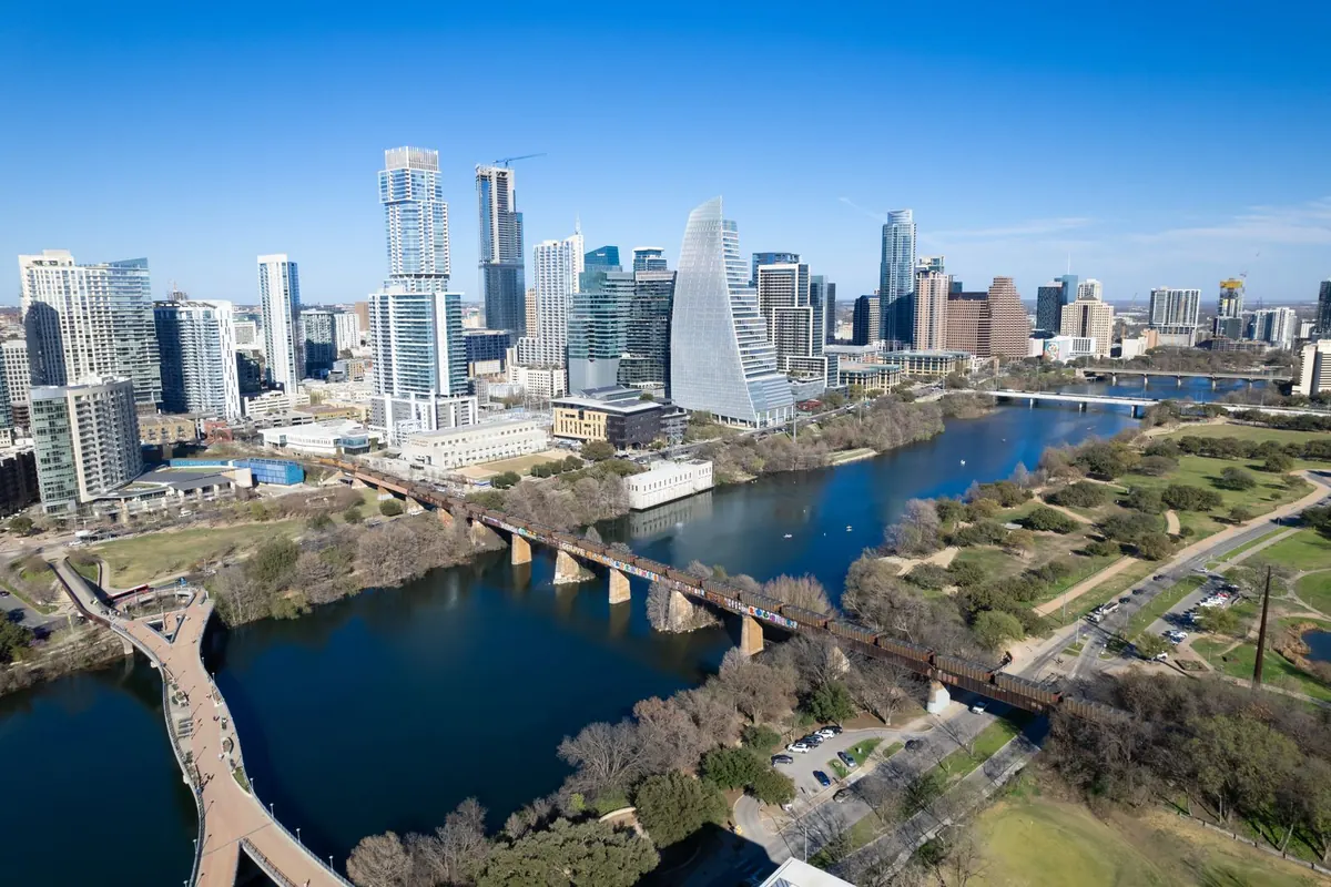 Aerial view of downtown Austin, Texas and Lady Bird Lake